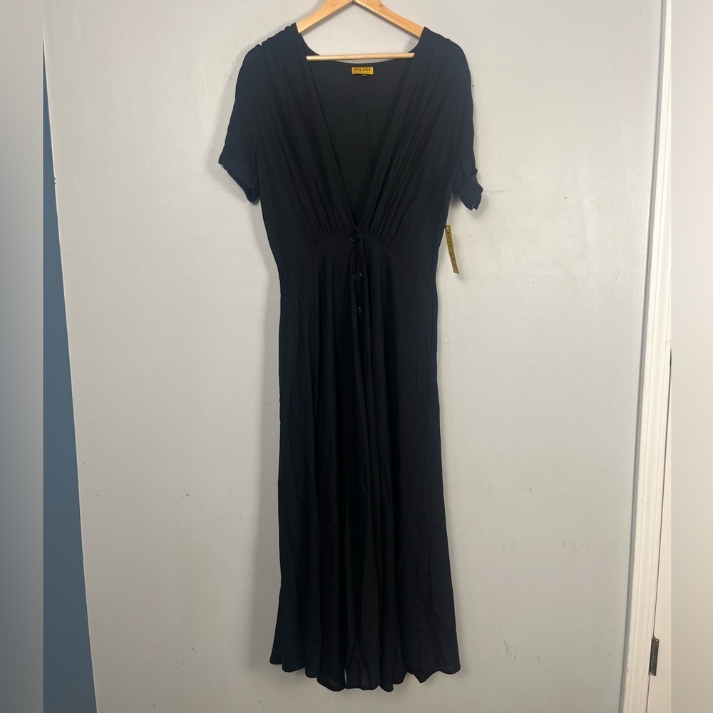 New folake black linen blend deep v-neck button midi dress size medium